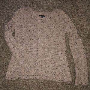 Tan V-neck knit/hole patterned sweater